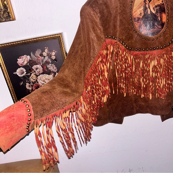 C- SCULLY RARE VTG chocolate brown Red Fringe Suede leather Jacket - Picture 5 of 14